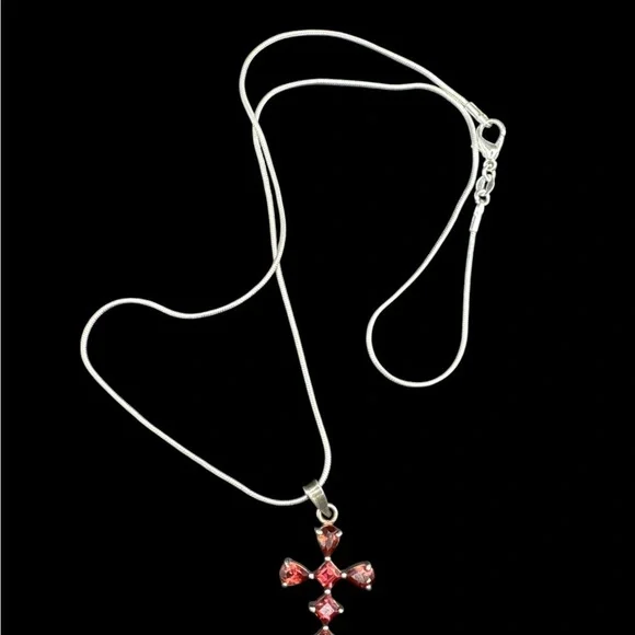Vintage Sterling Silver Garnet Cross Pendant Necklace 20” Garnet Cross Religous